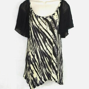 Signature Studio Knit Top Women Size M Black Cream Sheer Short Sleeve